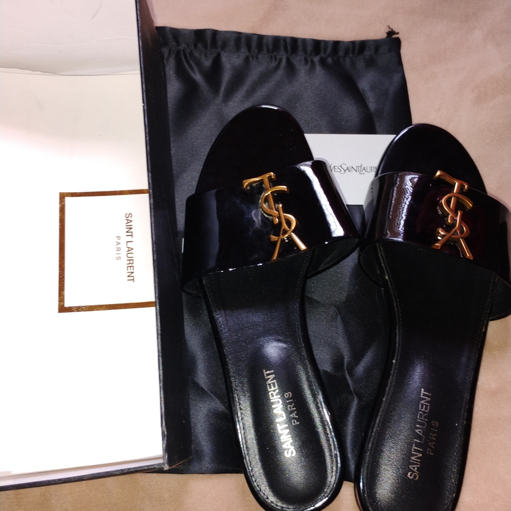 Saint Laurent Black Patent Leather Slide Sandals with Gold YSL Emblem